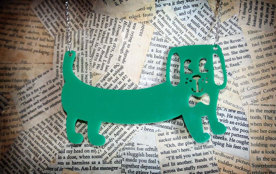 Acrylic Dog Sausage Dog Dachshund Green Plastic Statement Necklace