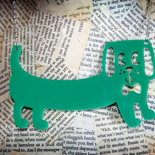 Acrylic Dog Sausage Dog Dachshund Green Plastic Statement Necklace