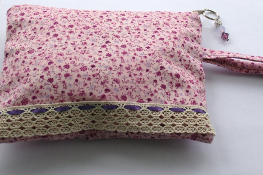 Pink floral lace make up or crochet project bag