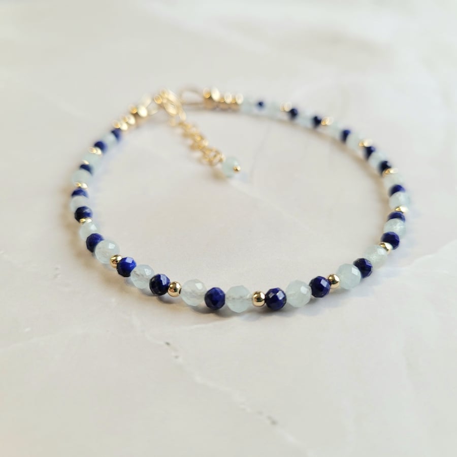 Gold Filled Beaded Gemstone Bracelet with Aquamarine and Lapis Lazuli