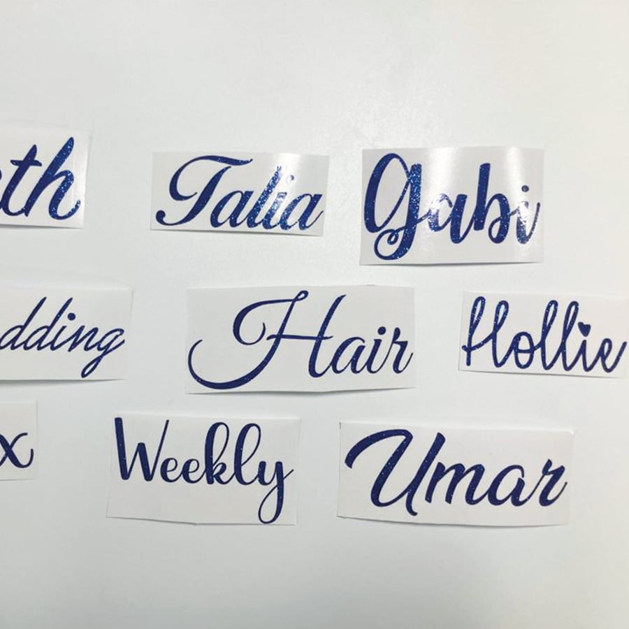 Personalised Glitter Blue Name Vinyl Sticker in multiple fonts and sizes 