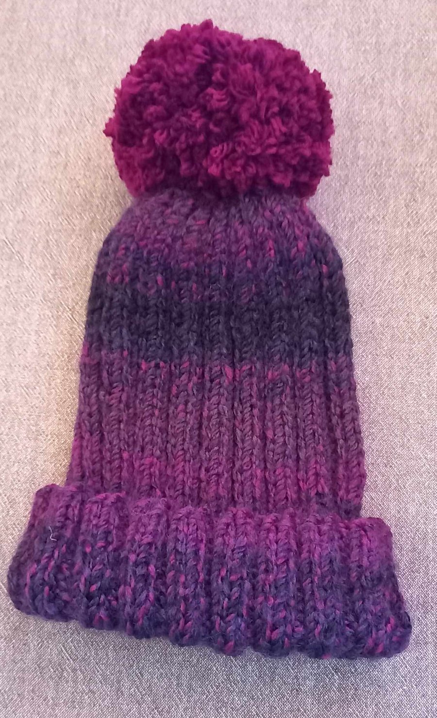 Adult ribbed bobble hat dark pink and purple mix with hand sewn chunky bobble