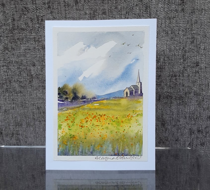 Blank Card. Hilltop Church. Original Painting. 260129