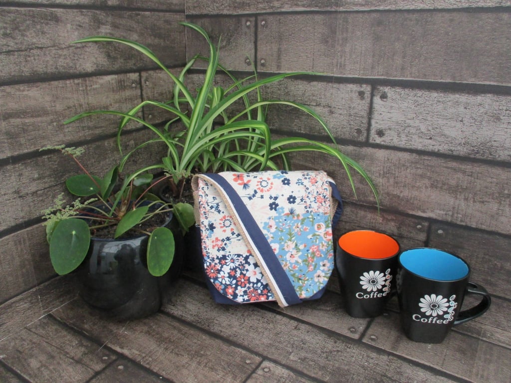Upcycled Coffee Sack-Mini Shoulder Bag-Blue and peach floral