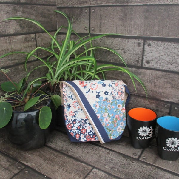 Upcycled Coffee Sack-Mini Shoulder Bag-Blue and peach floral