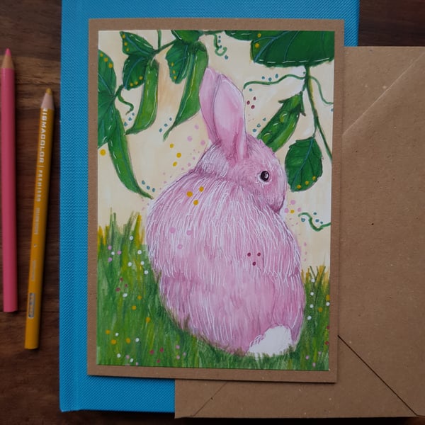 Bunny in the garden amongst peas - blank card from original artwork 