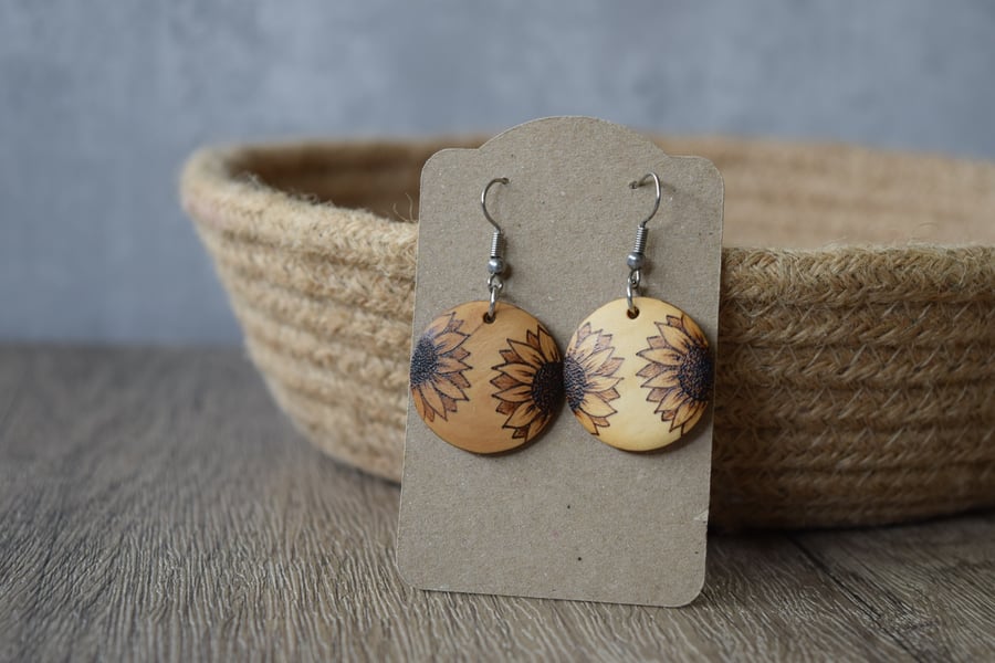 Wooden Pyrography Earrings -Sunflowers