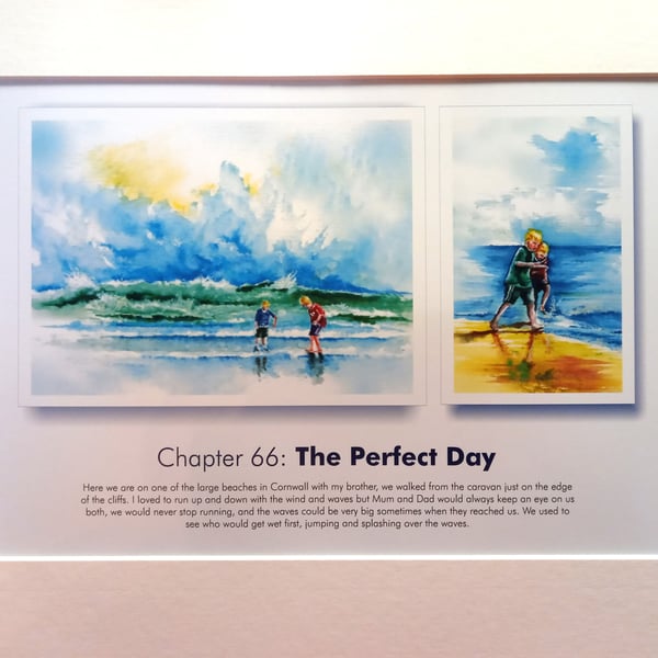 Original hand painted watercolour print of children playing on a cornwall beach