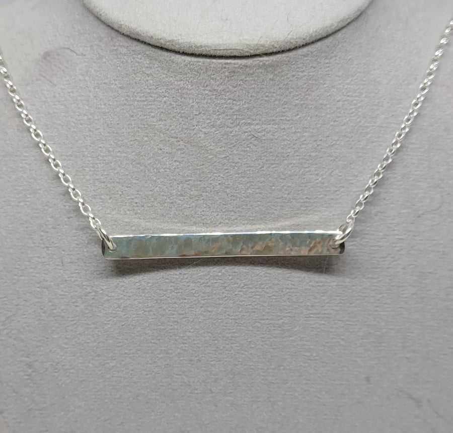 Handmade Sterling Silver Hammered Bar Necklace, Minimalist Textured Pendant, Ele