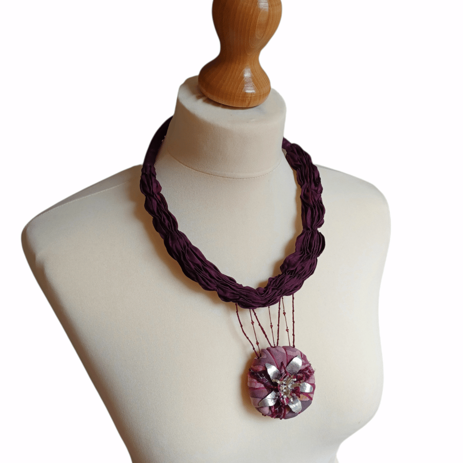 Dye painted silk embroided necklace.
