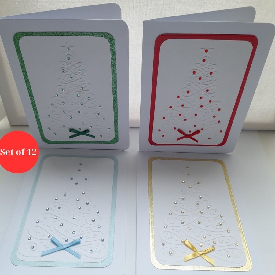 Swirl Embossed Christmas Tree - Various Colours - Handmade - Set of 12 Cards
