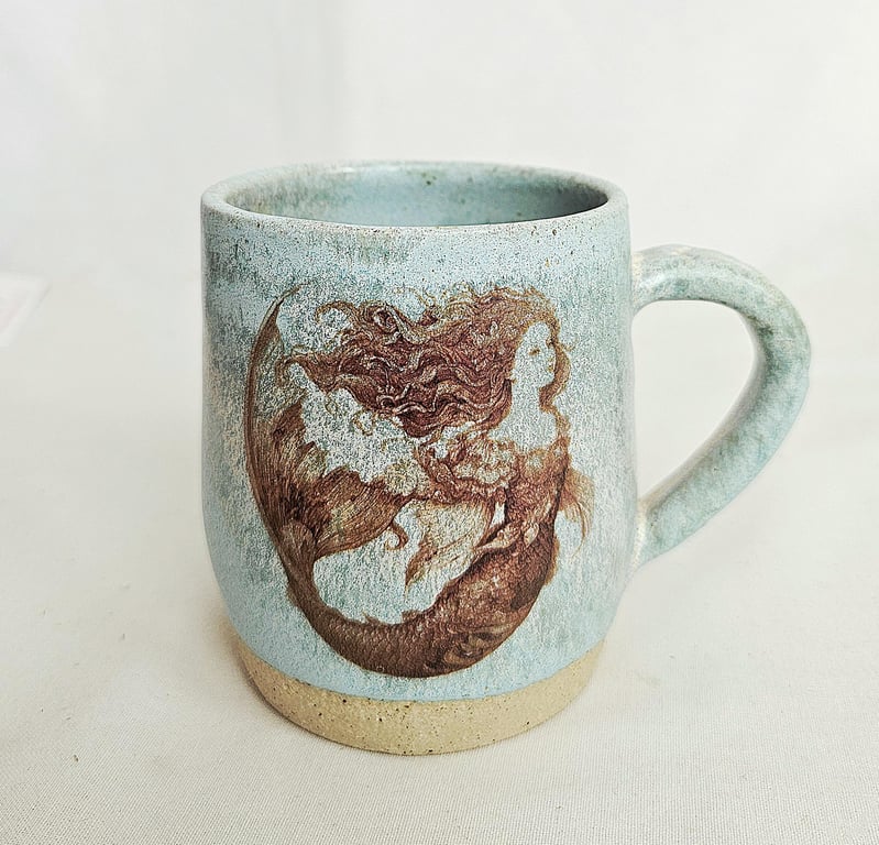 A handmade Mermaid mug, stoneware cup, turquoise glaze