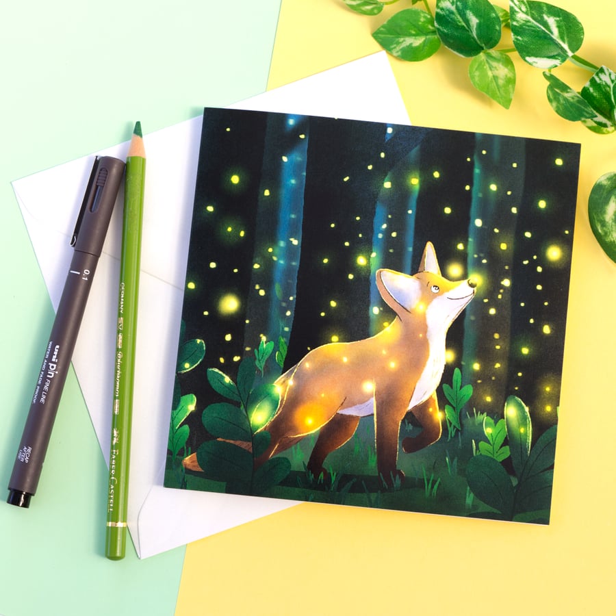 Fox and Fireflies Blank Greetings Card