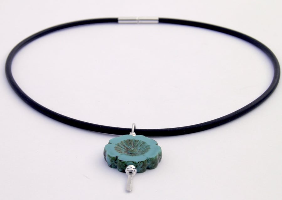 Sterling Silver Turquoise Necklace, Black Rubber