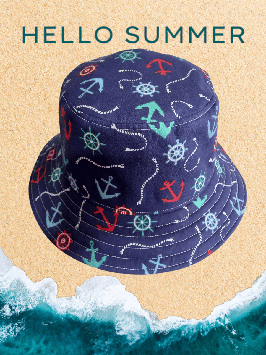 Bucket Hat - Nautical Theme on navy colour background, with contrasting lining