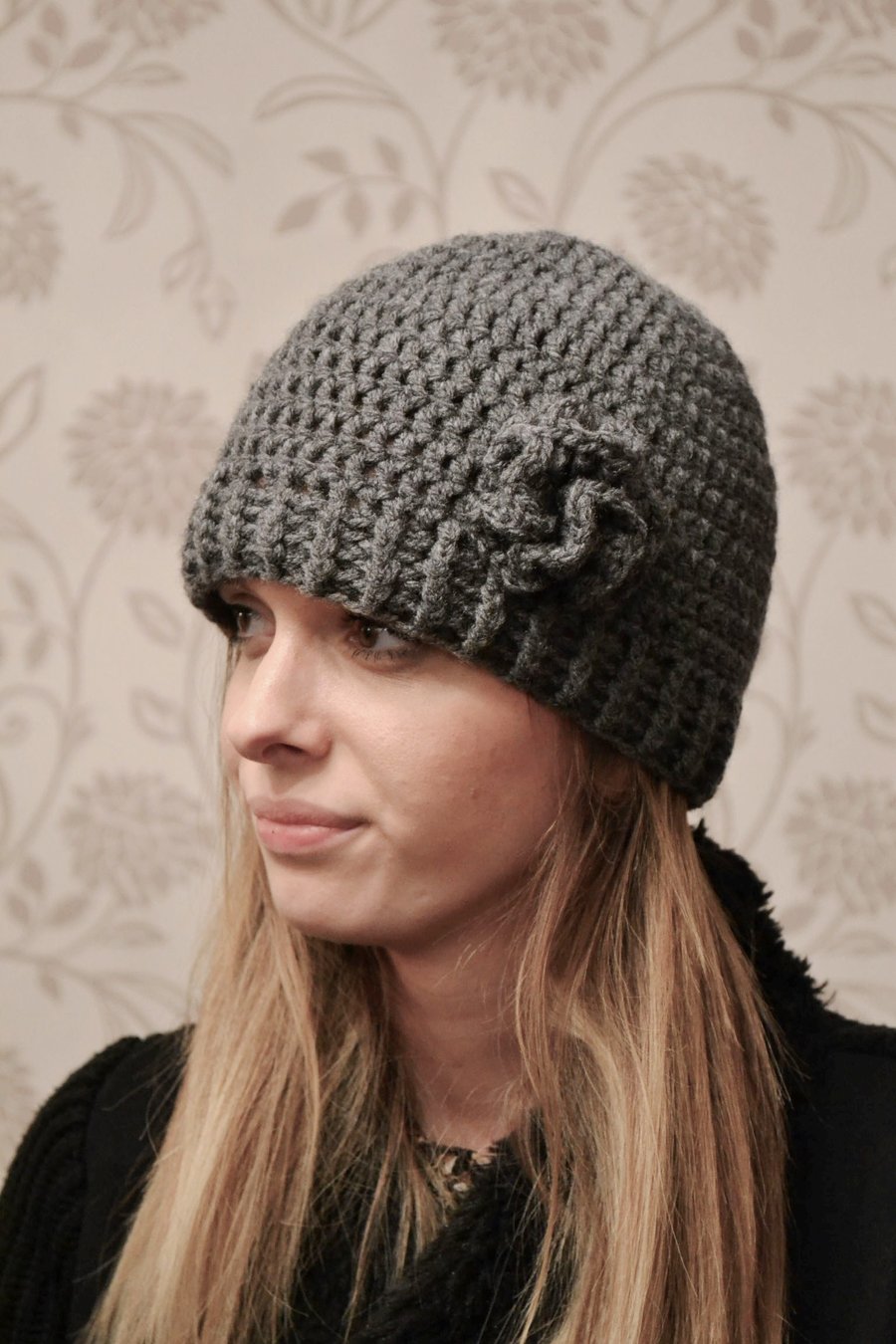 Hat Womens Aran Dark Grey Beanie Hat with Flower 