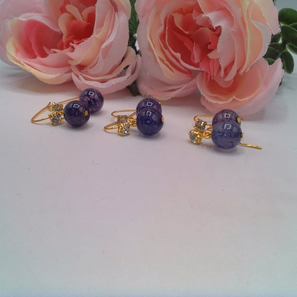 Purple Mottled Glass Bead Earrings, Earrings for Pierced Ears, Gift for Her