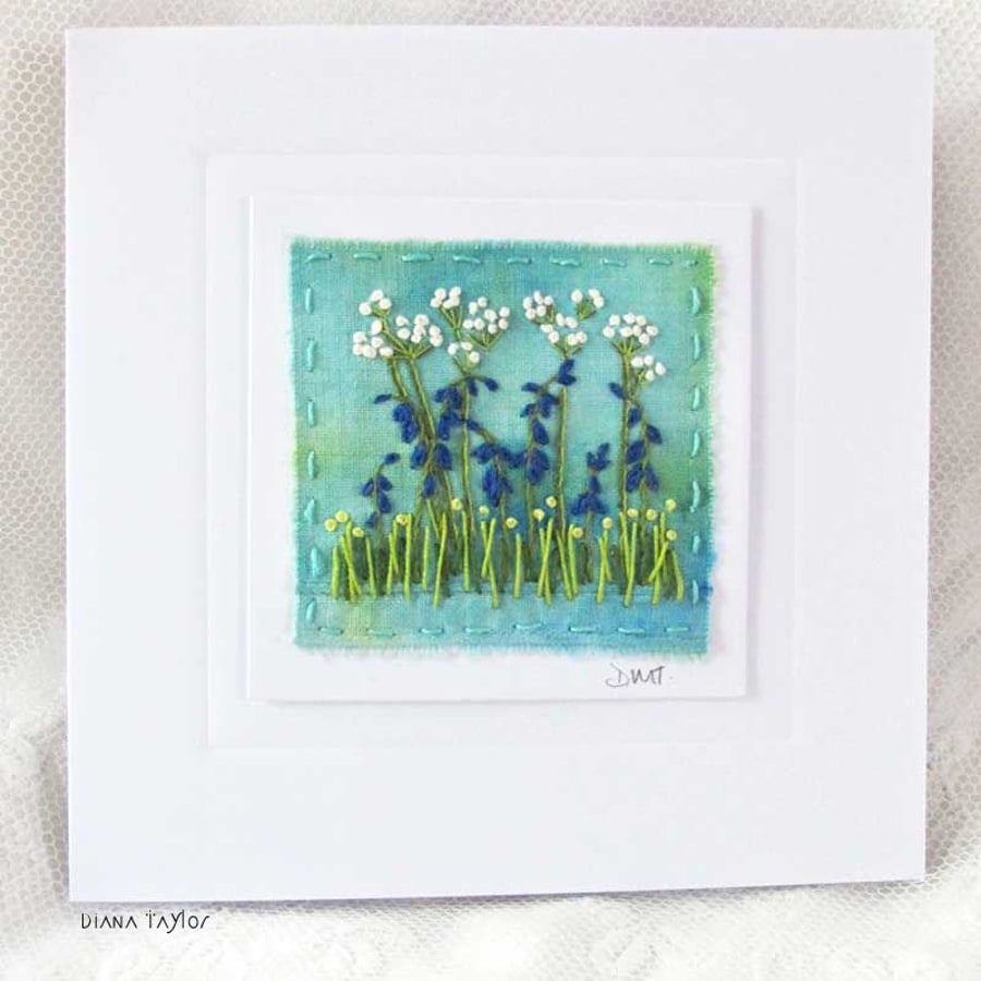 HAND EMBROIDERED GREETING CARD BLUEBELLS COW PARSLEY