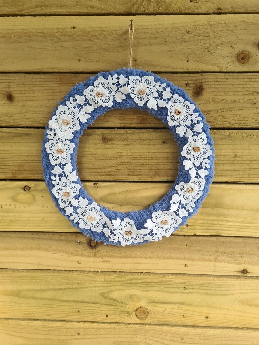 Handmade Cornflower Blue Yarn Wreath With White Lace And Love Hearts