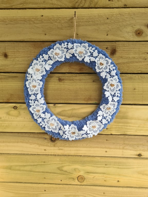 Cornflower Blue Yarn Wrapped Wreath With White Lace &  Love Heart Accents