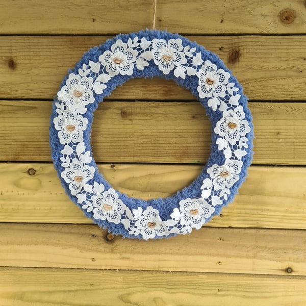 Handmade Cornflower Blue Yarn Wreath With White Lace And Love Hearts