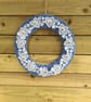 Cornflower Blue Yarn Wrapped Wreath With White Lace &  Love Heart Accents