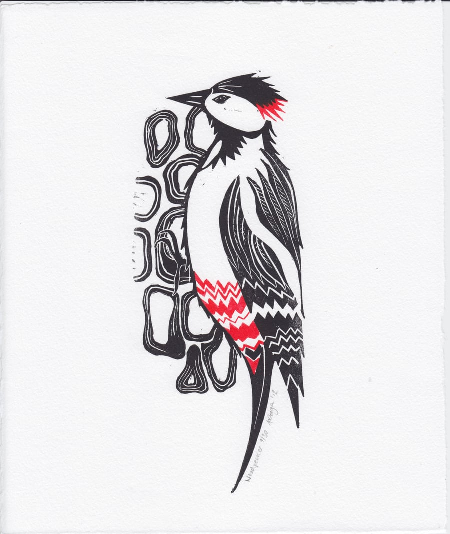 Original lino cut print "Woodpecker" 