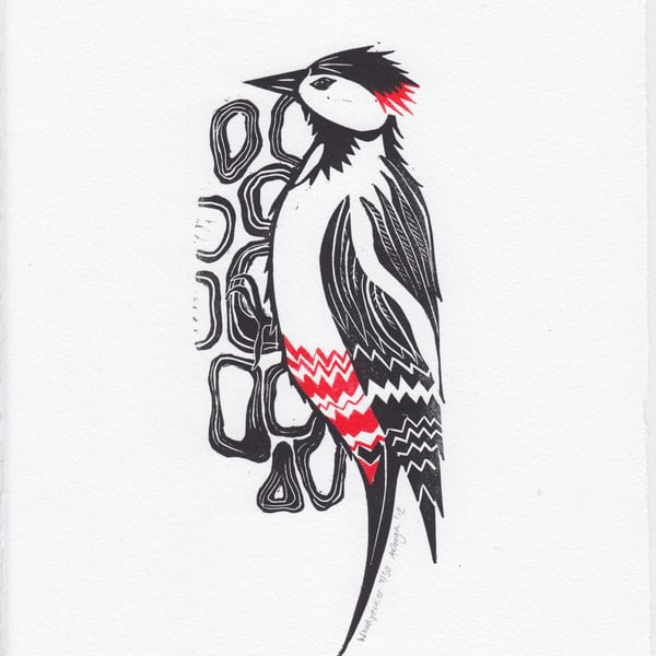 Original lino cut print "Woodpecker" 