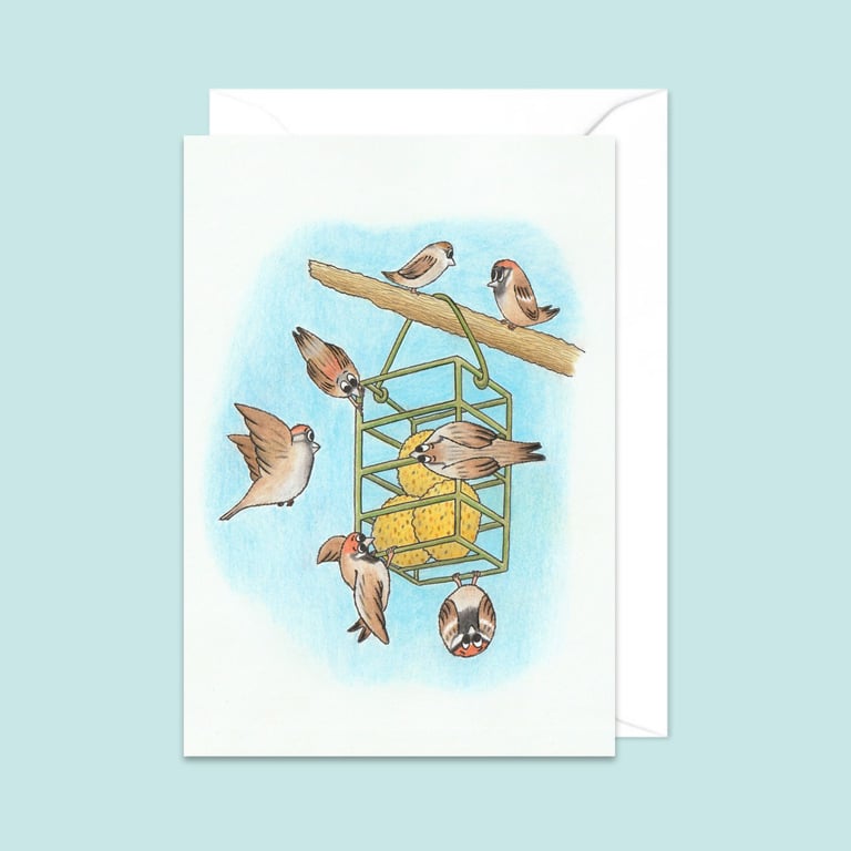 Garden Sparrows Greeting Card: Original Pencil Illustration (208)