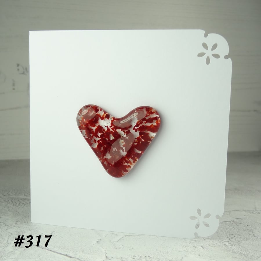 Red speckled heart handcrafted fused glass blank card (317)