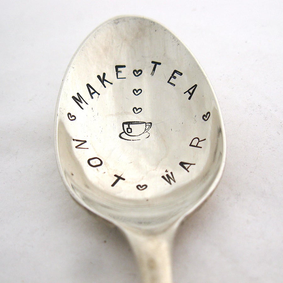 Teaspoon, Hand Stamped, Make Tea Not War