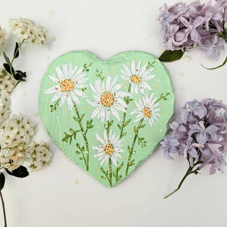 Daisy hand-painted slate heart coaster, Daisy gift