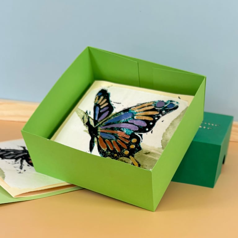 6 Boxed Hand Printed & Painted Notecards - Butterfly, Moths and Bugs