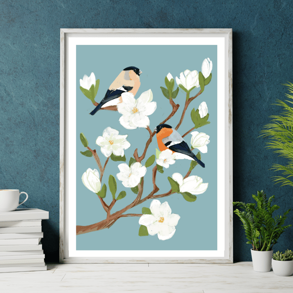 Bird art print Bullfinch Blossom Mounted Print