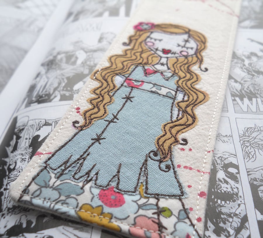 freemotion embroidered zombie girl fabric bookmark