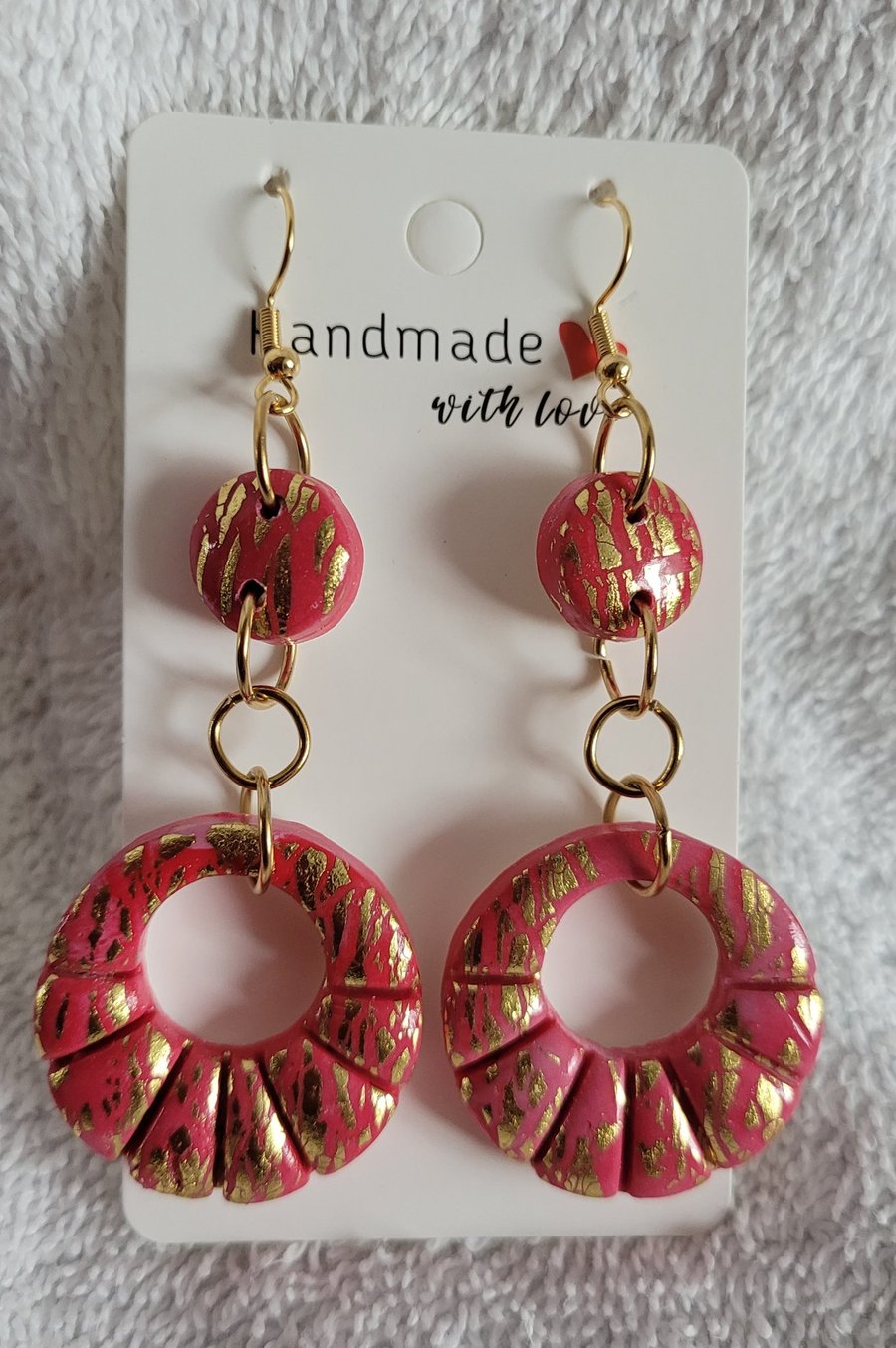 Handmade Polymer Clay Pink and Gold Hoop Earrings, 316  Surgical Stainless Steel