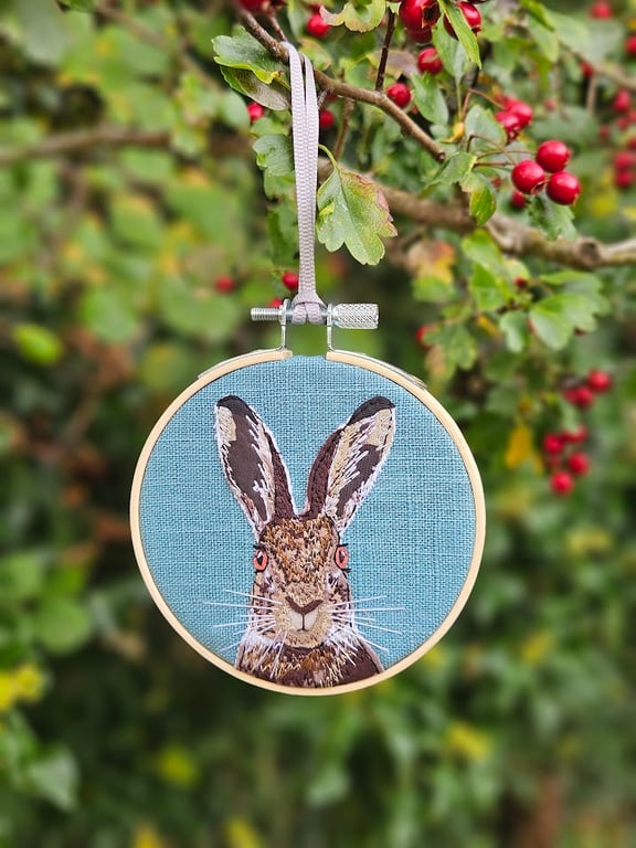 Hare mini hoop, handmade hanging decoration, embroidered
