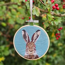 Hare mini hoop, handmade hanging decoration, embroidered