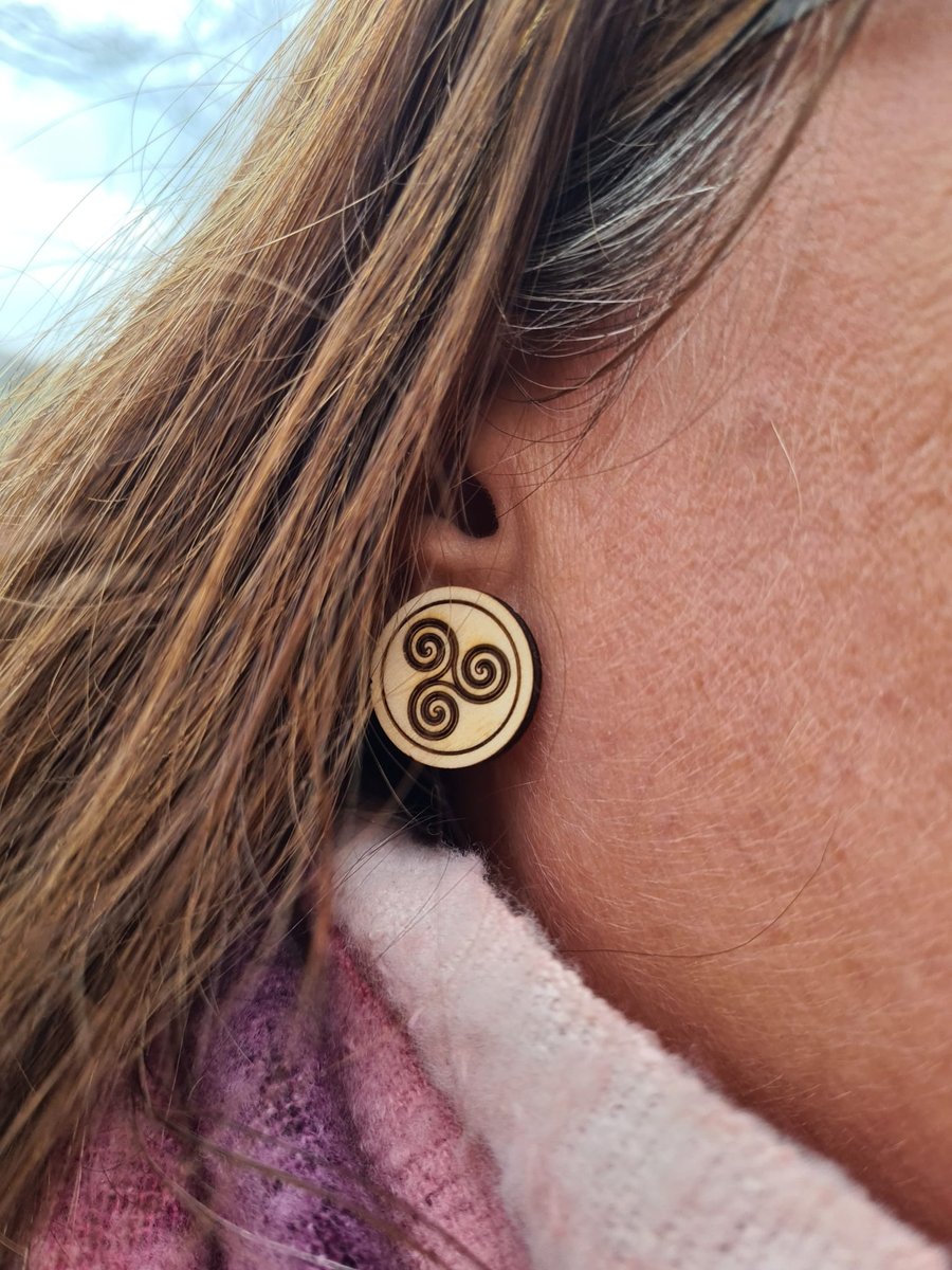 Wooden Stud Earrings with Celtic Designs