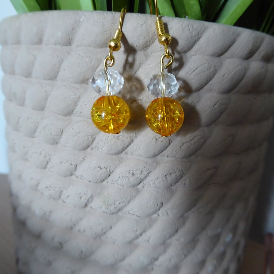 Yellow and Crystal beaded Gold plated hook dangle earrings 3.5cm