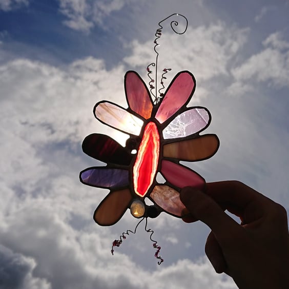 Pink agate stained glass suncatcher hanging decoration. 