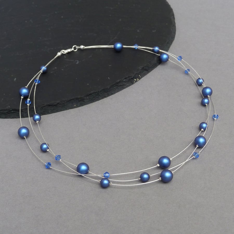 Royal Blue Floating Pearl Necklace - Dark Blue Multi-strand Wedding Necklaces