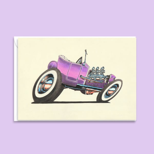 Purple Street Rod Greetings Card: Detailed Hand Drawn Car Artwork - Card for Him