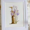 SALE Watercolour Original Art Iris Flower with 24 carat gold leaf letter I