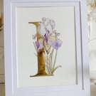 SALE Watercolour Original Art Iris Flower with 24 carat gold leaf letter I