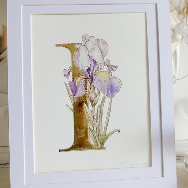 SALE Watercolour Original Art Iris Flower with 24 carat gold leaf letter I