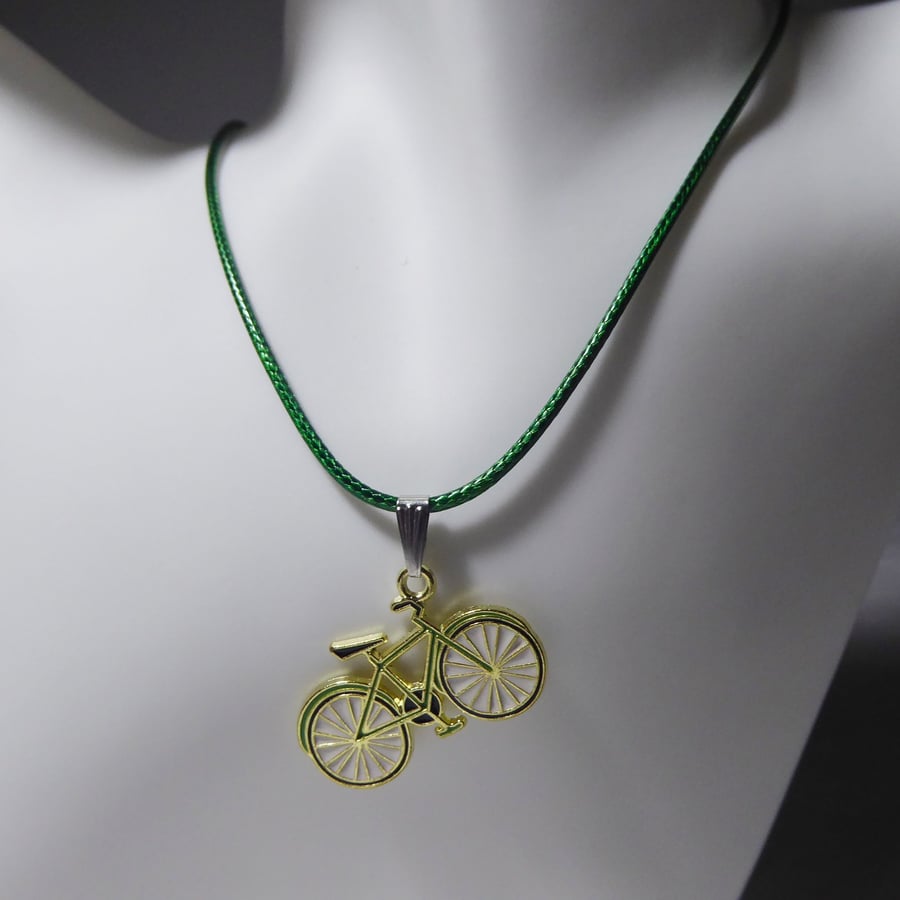 Single Novelty Cycle Adjustable Necklace Dark Green Cord