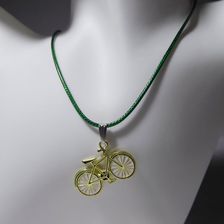 Single Novelty Cycle Adjustable Necklace Dark Green Cord