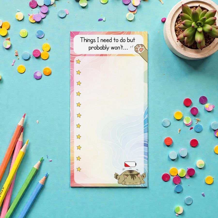 Funny Cat To-Do List Notepad Pastel Kawaii Stationery, Procrastination Planner 