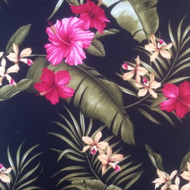 Black Tiki Tropical Pink Floral Barkcloth  VIntage fabric Lampshade Option